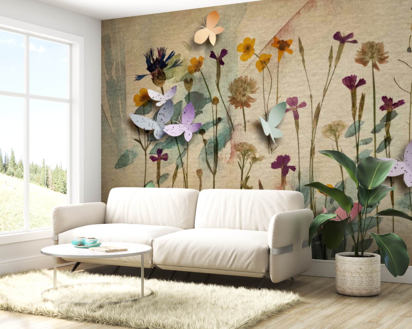 Papier peint grandes fleurs et papillons dans le dessin