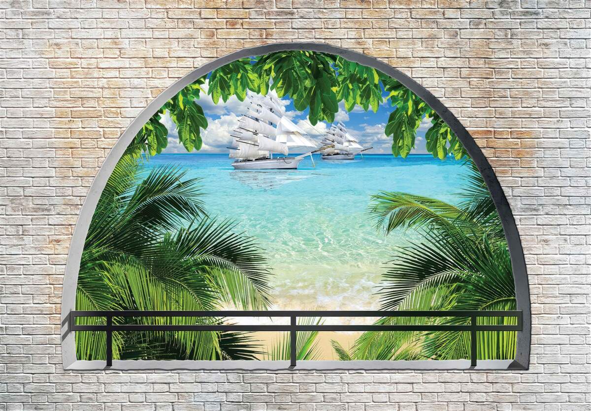 Papier peint une fenêtre dans un mur de briques avec vue sur la mer et les yachts aux voiles blanches comme neige