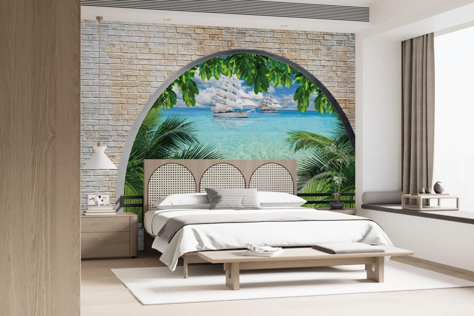 Papier peint une fenêtre dans un mur de briques avec vue sur la mer et les yachts aux voiles blanches comme neige