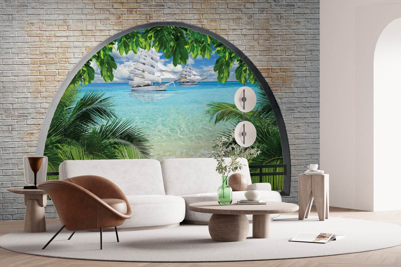 Papier peint une fenêtre dans un mur de briques avec vue sur la mer et les yachts aux voiles blanches comme neige