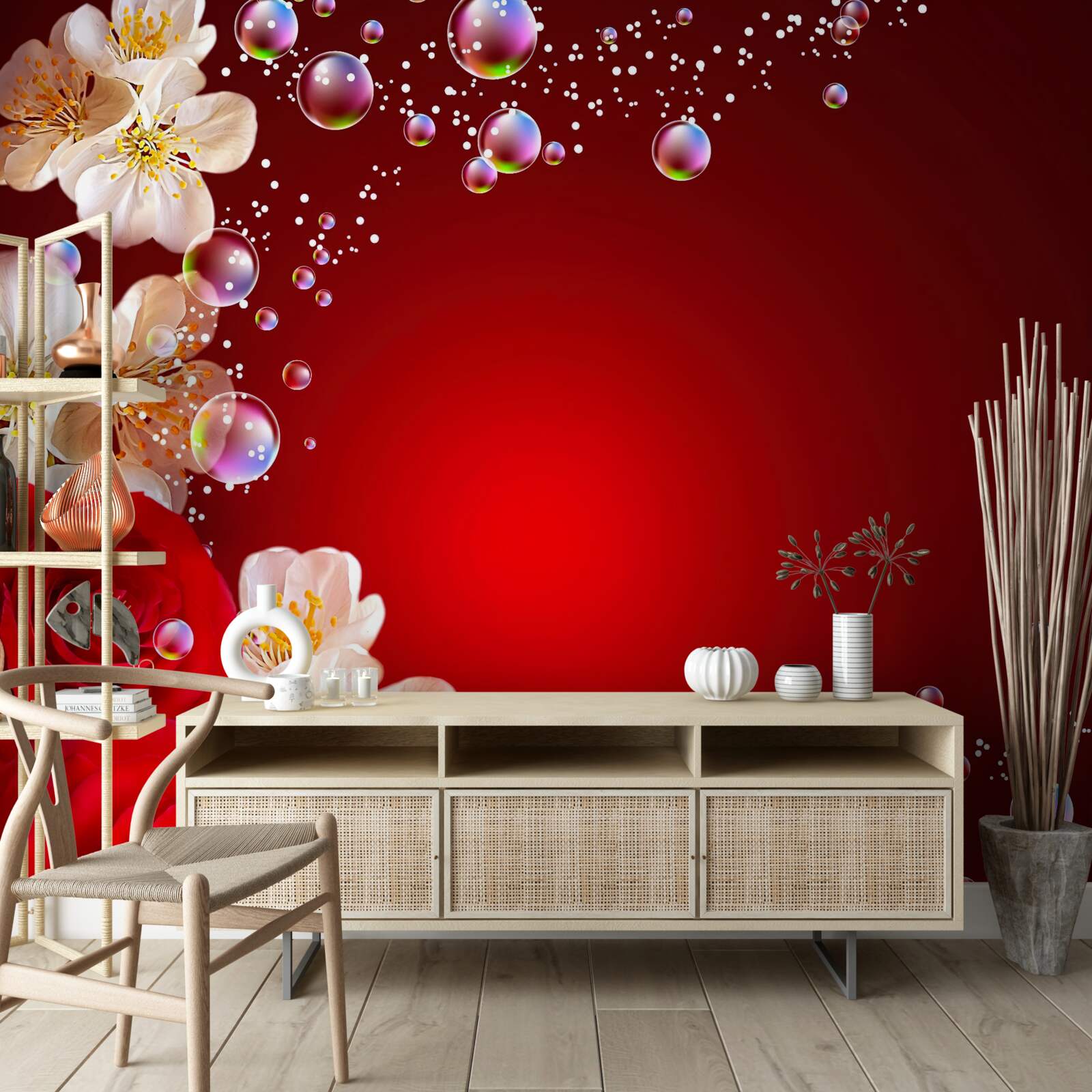 Papier peint fleurs blanches et roses rouges sur fond marron