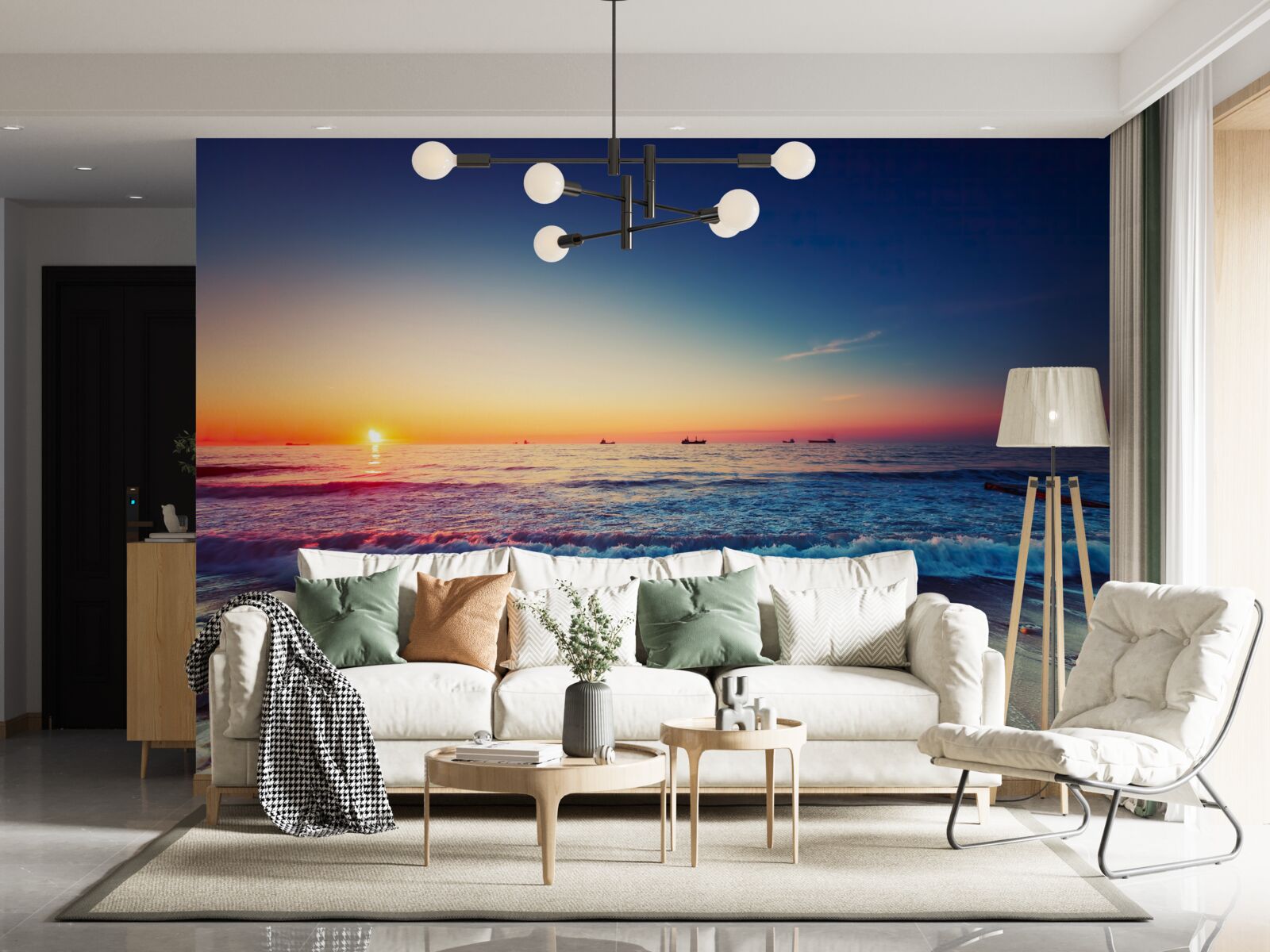 Papier peint tempête de mer sur fond de coucher de soleil