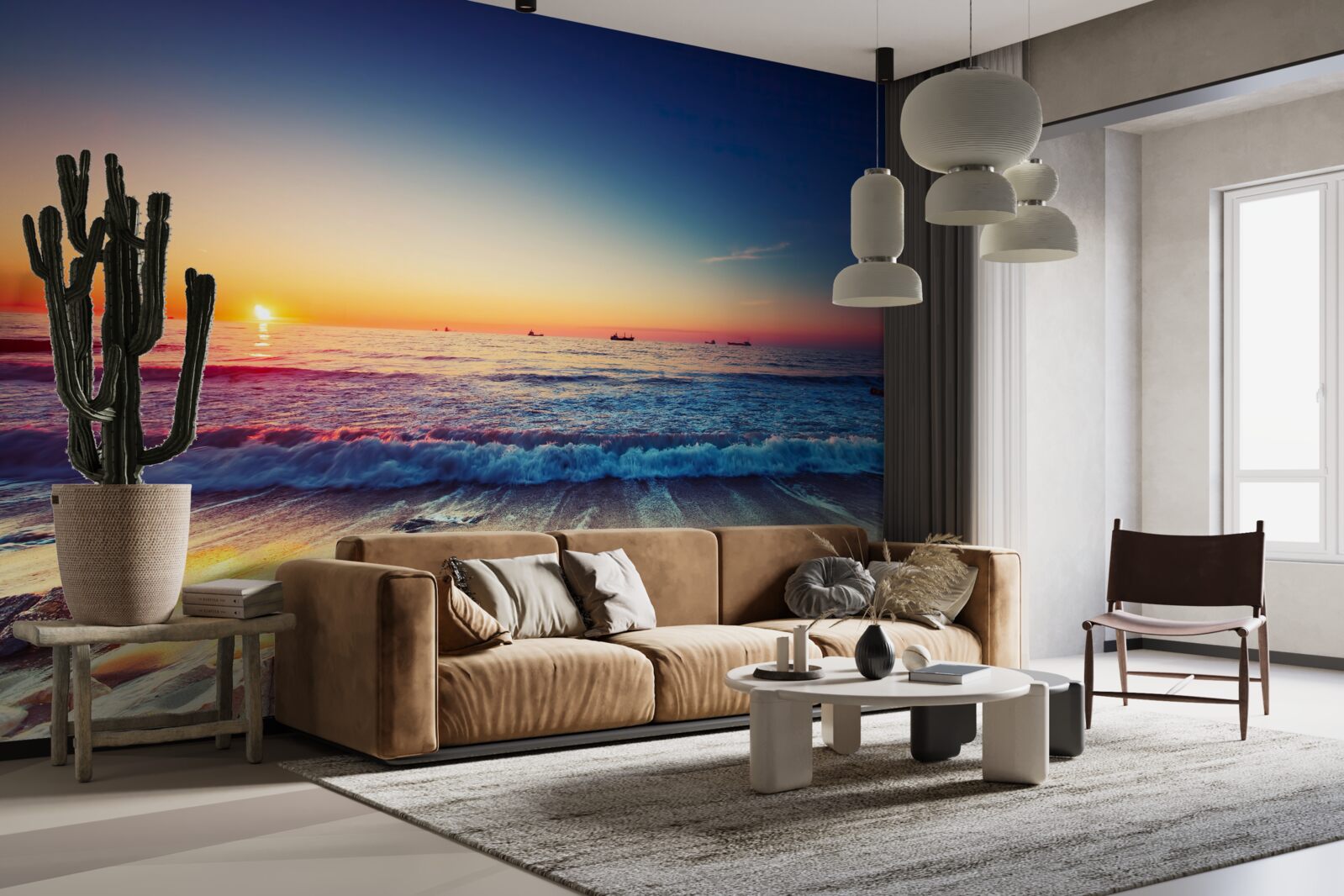 Papier peint tempête de mer sur fond de coucher de soleil