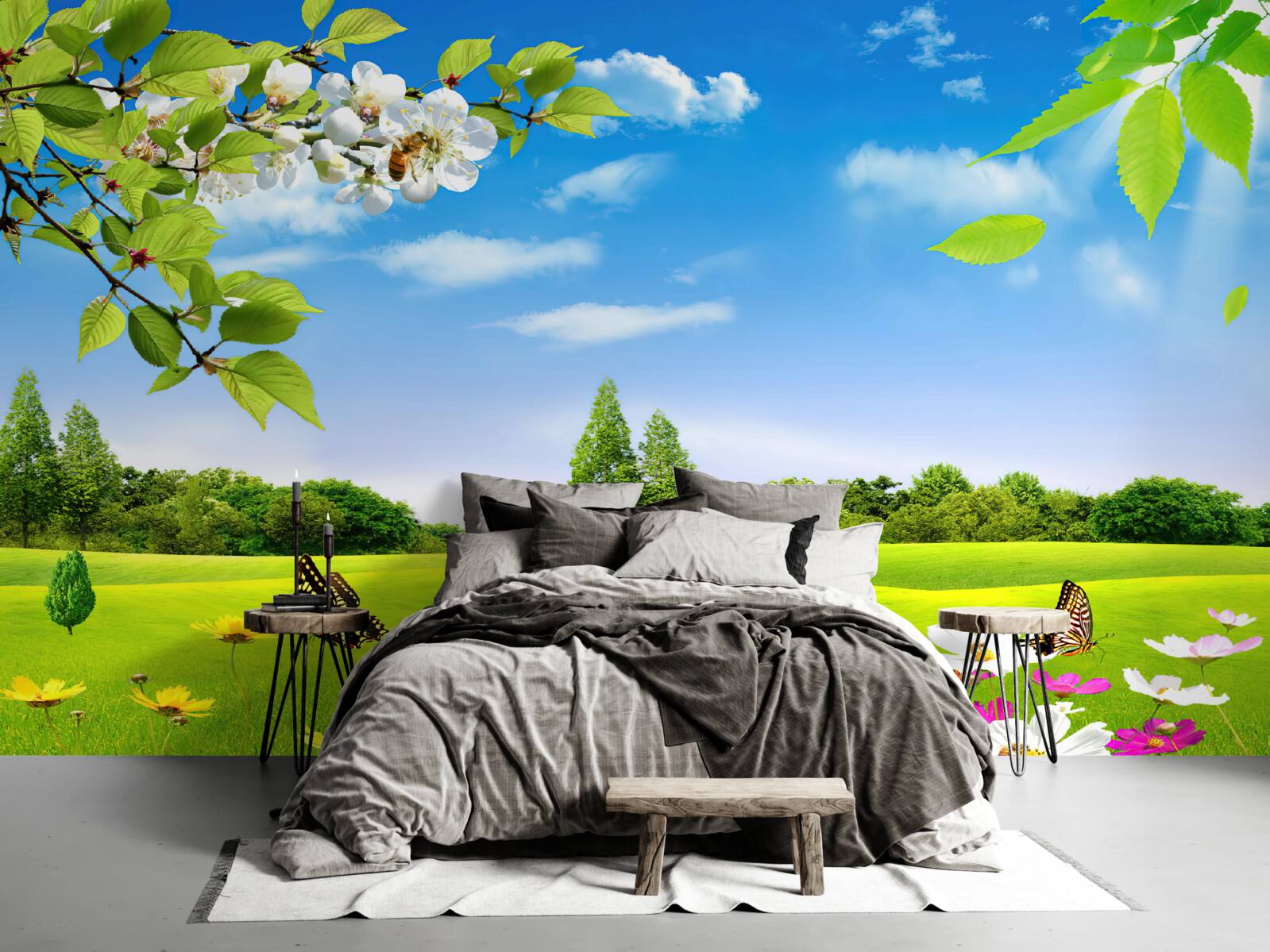 Papier peint pelouse verte et papillon