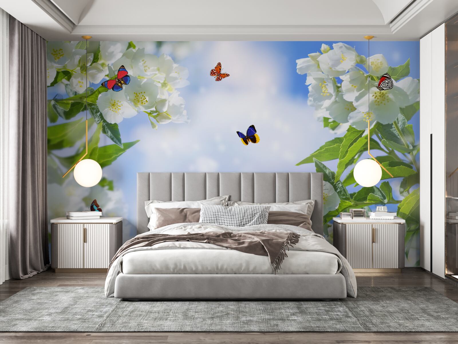 Papier peint les papillons volent dans les fleurs