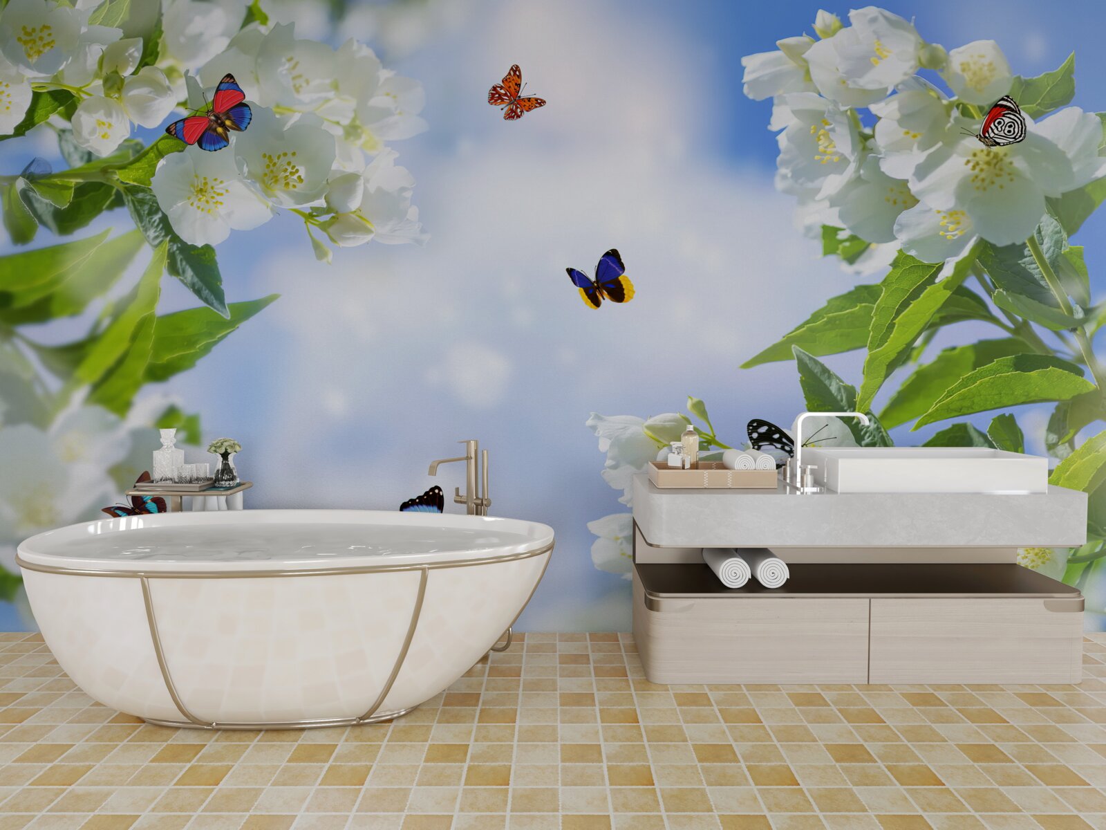 Papier peint les papillons volent dans les fleurs