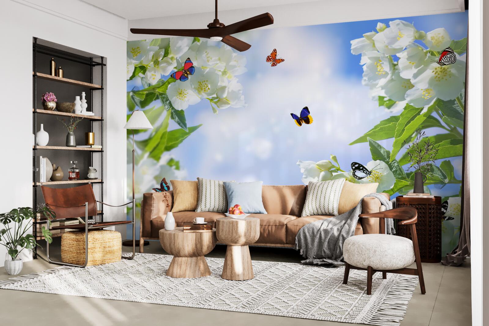 Papier peint les papillons volent dans les fleurs