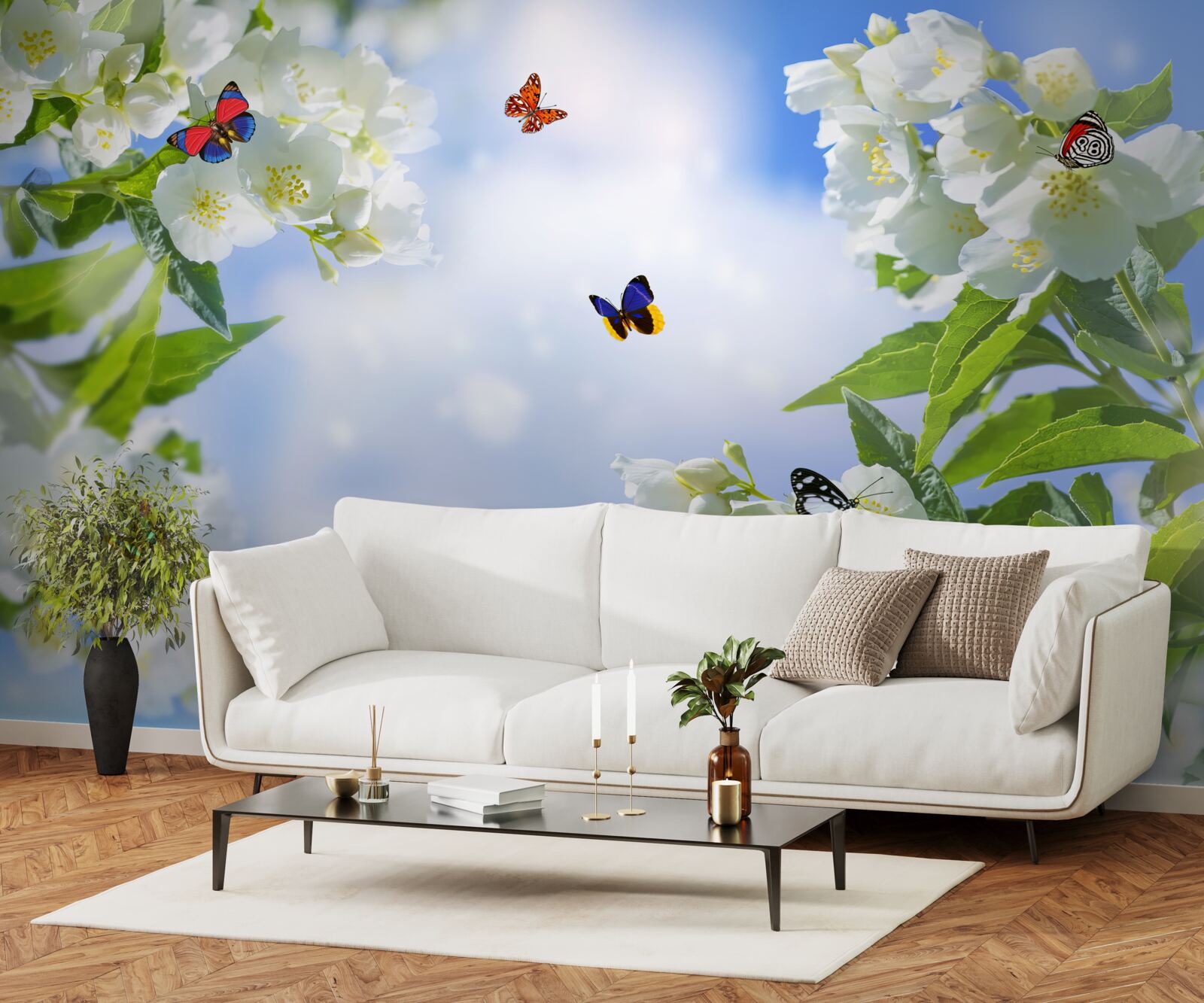 Papier peint les papillons volent dans les fleurs
