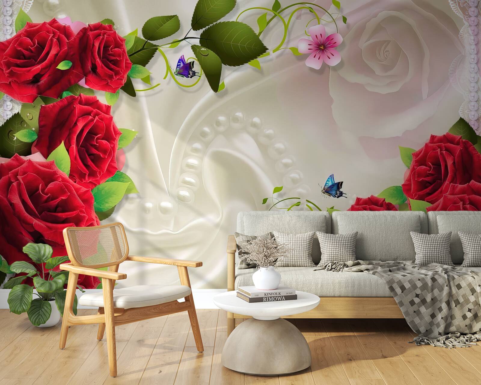 Papier peint roses écarlates sur tissu satiné blanc neige