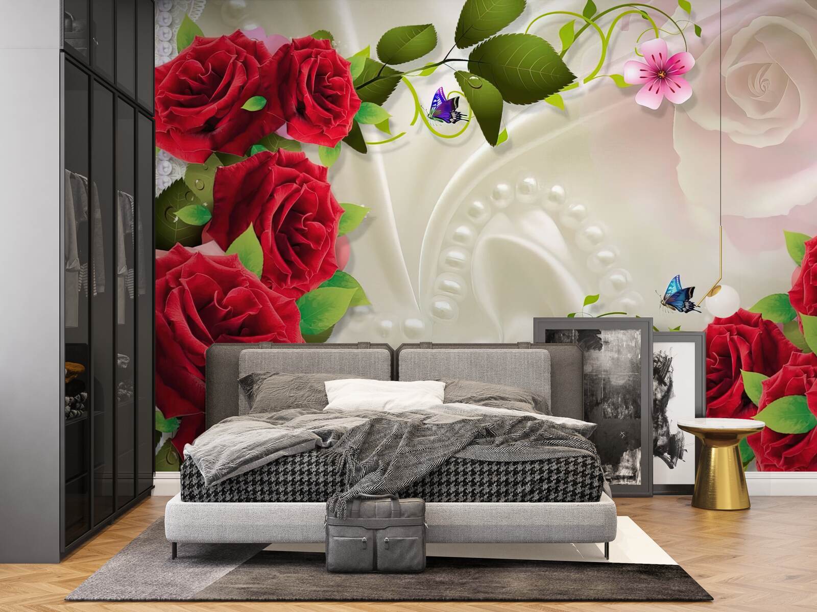 Papier peint roses écarlates sur tissu satiné blanc neige