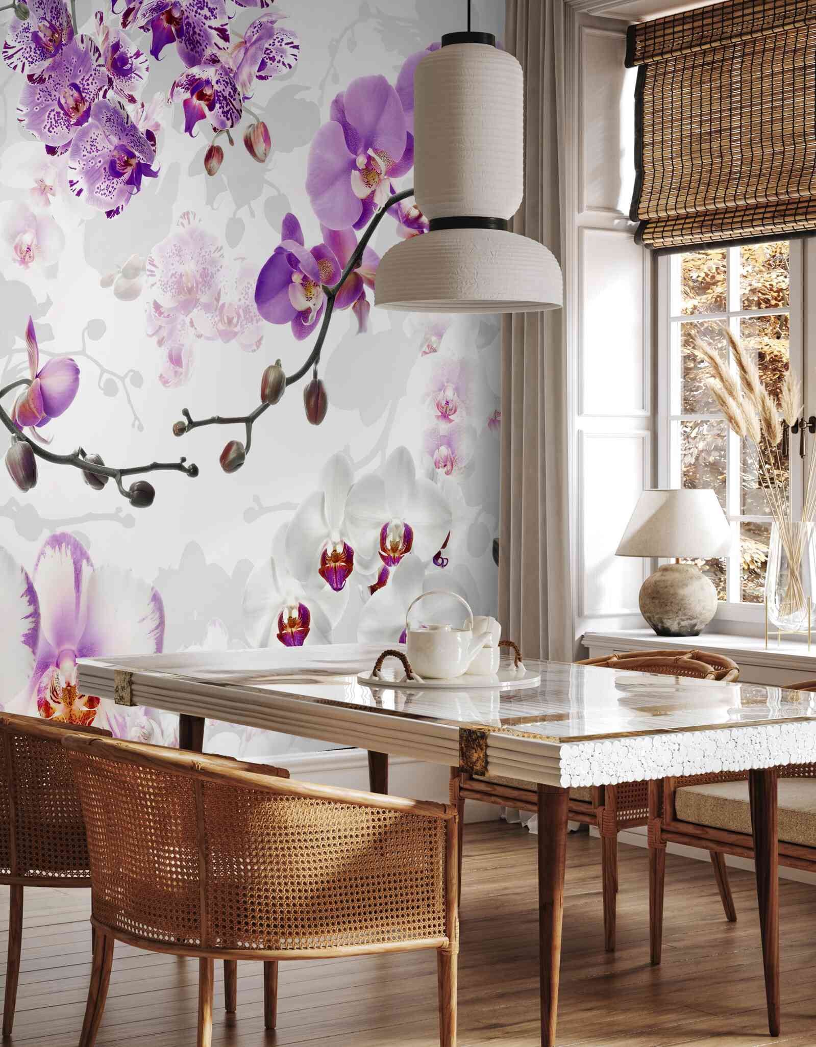 Papier peint branche avec orchidées violettes en fleur