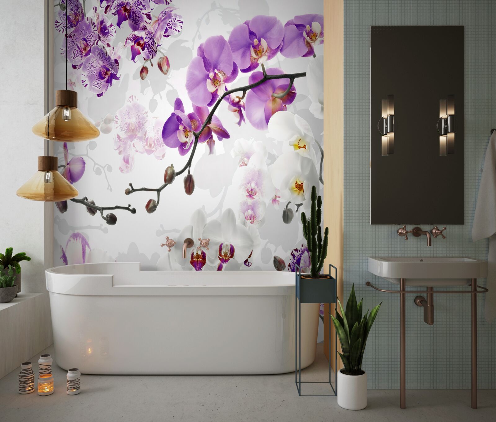 Papier peint branche avec orchidées violettes en fleur
