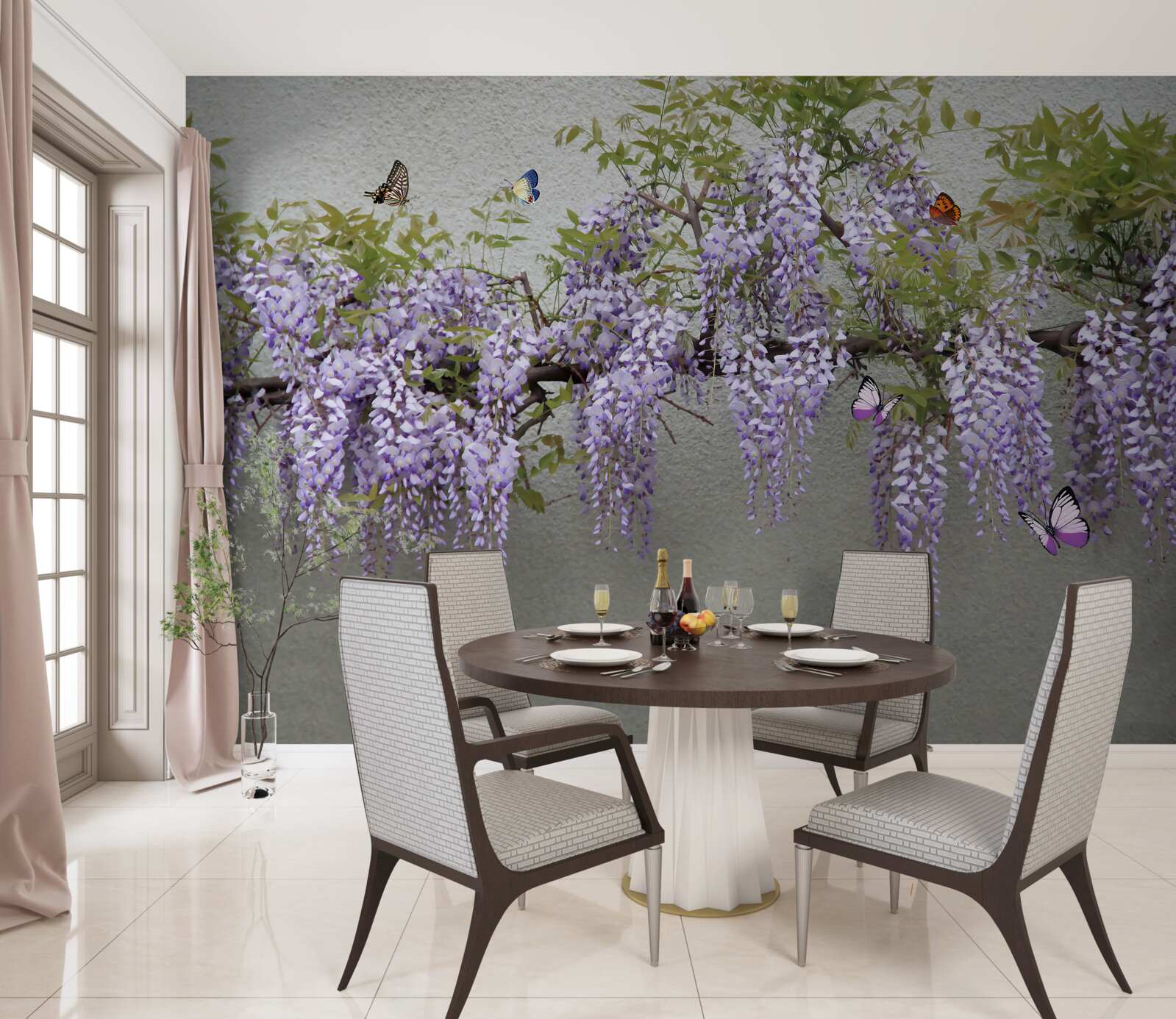 Papier peint une branche avec des fleurs de lilas et des papillons qui voltigent