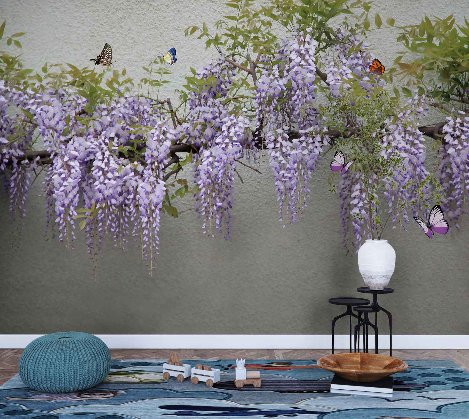 Papier peint une branche avec des fleurs de lilas et des papillons qui voltigent