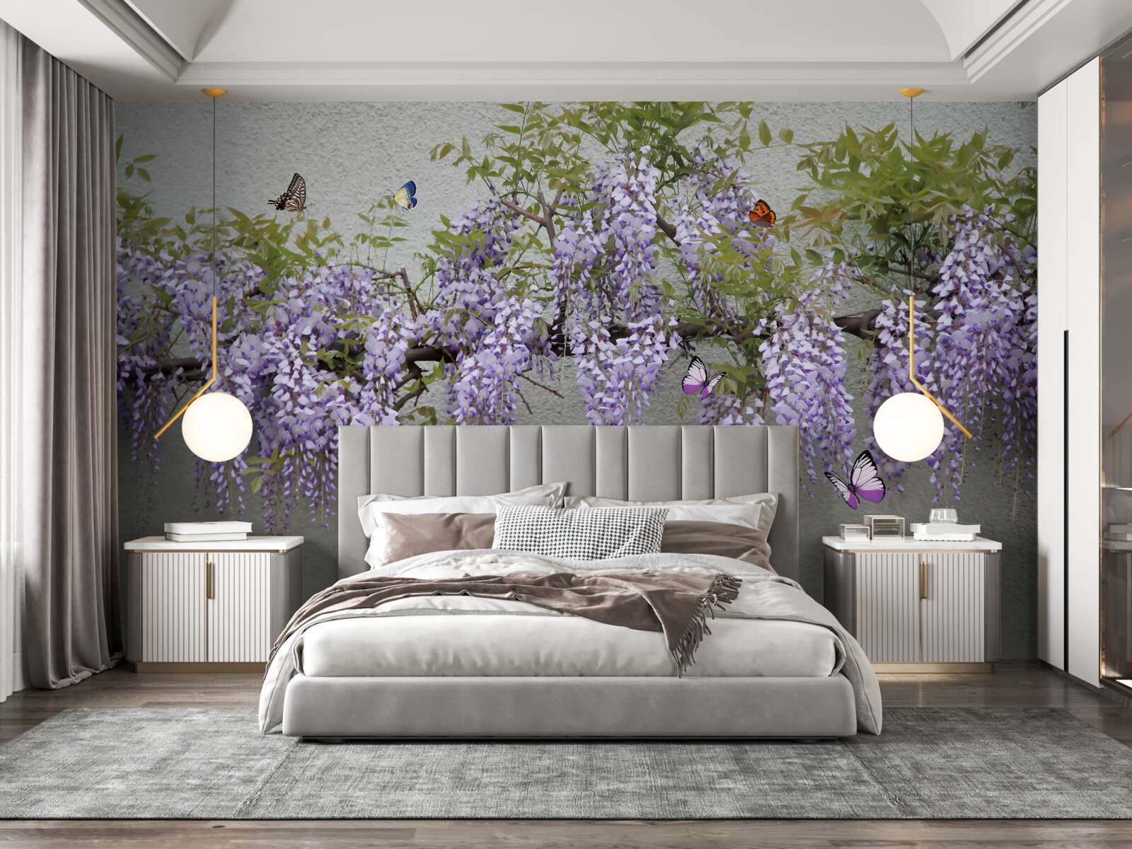 Papier peint une branche avec des fleurs de lilas et des papillons qui voltigent