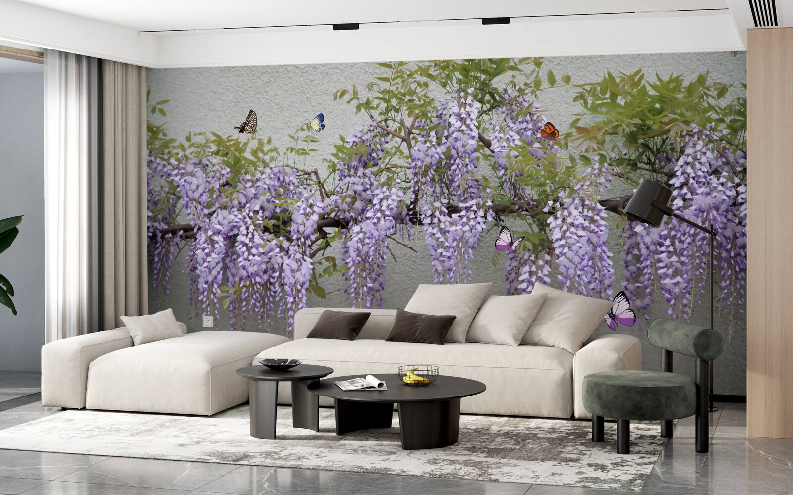 Papier peint une branche avec des fleurs de lilas et des papillons qui voltigent