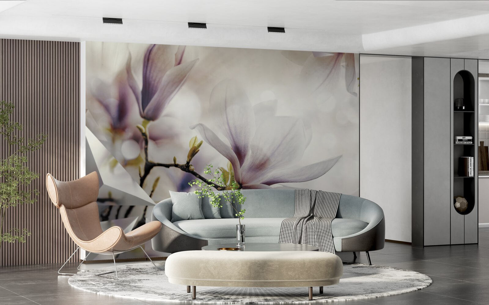Papier peint grandes fleurs lilas et formes blanches