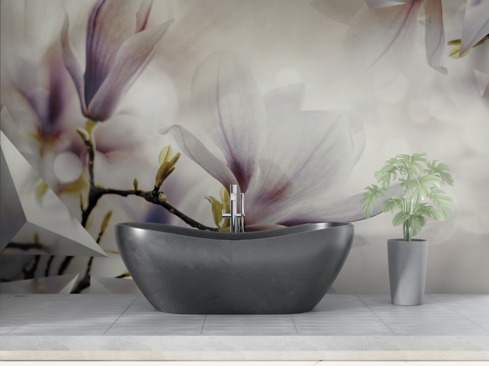 Papier peint grandes fleurs lilas et formes blanches
