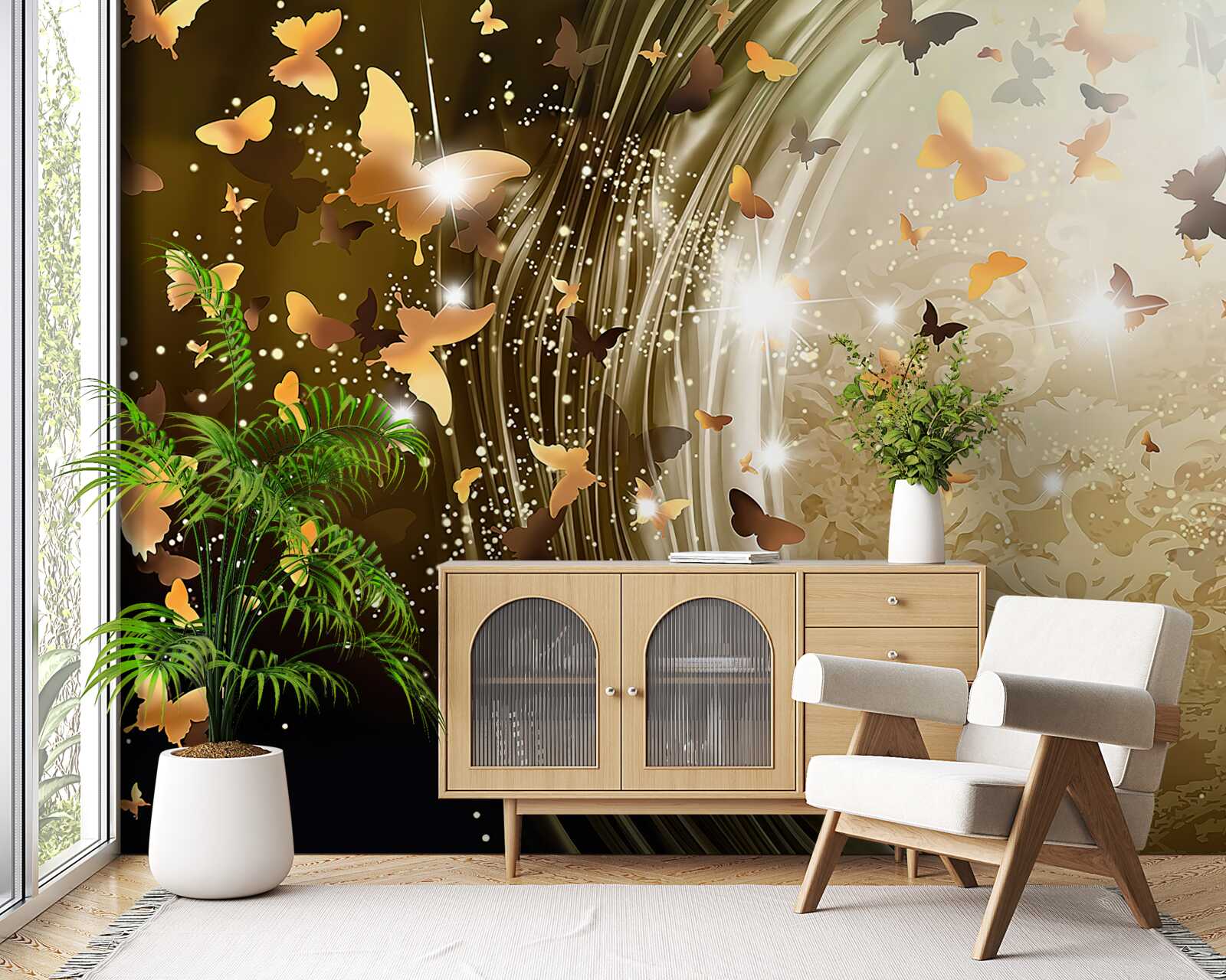 Papier peint fond d'or avec papillons