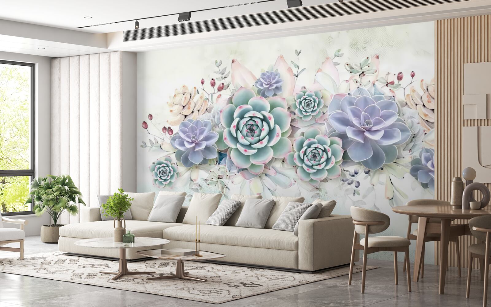 Papier peint fleurs bleues sur fond clair