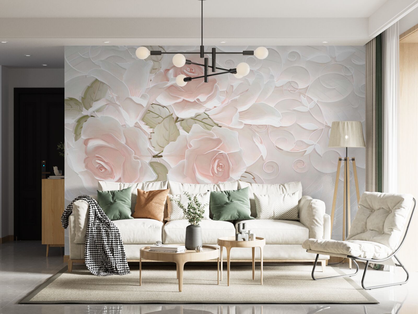 Papier peint roses pâles sur un mur pâle