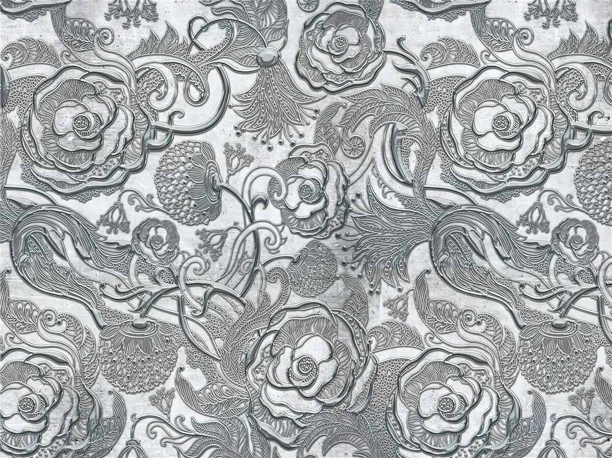 Papier peint des fleurs au contour gris argenté