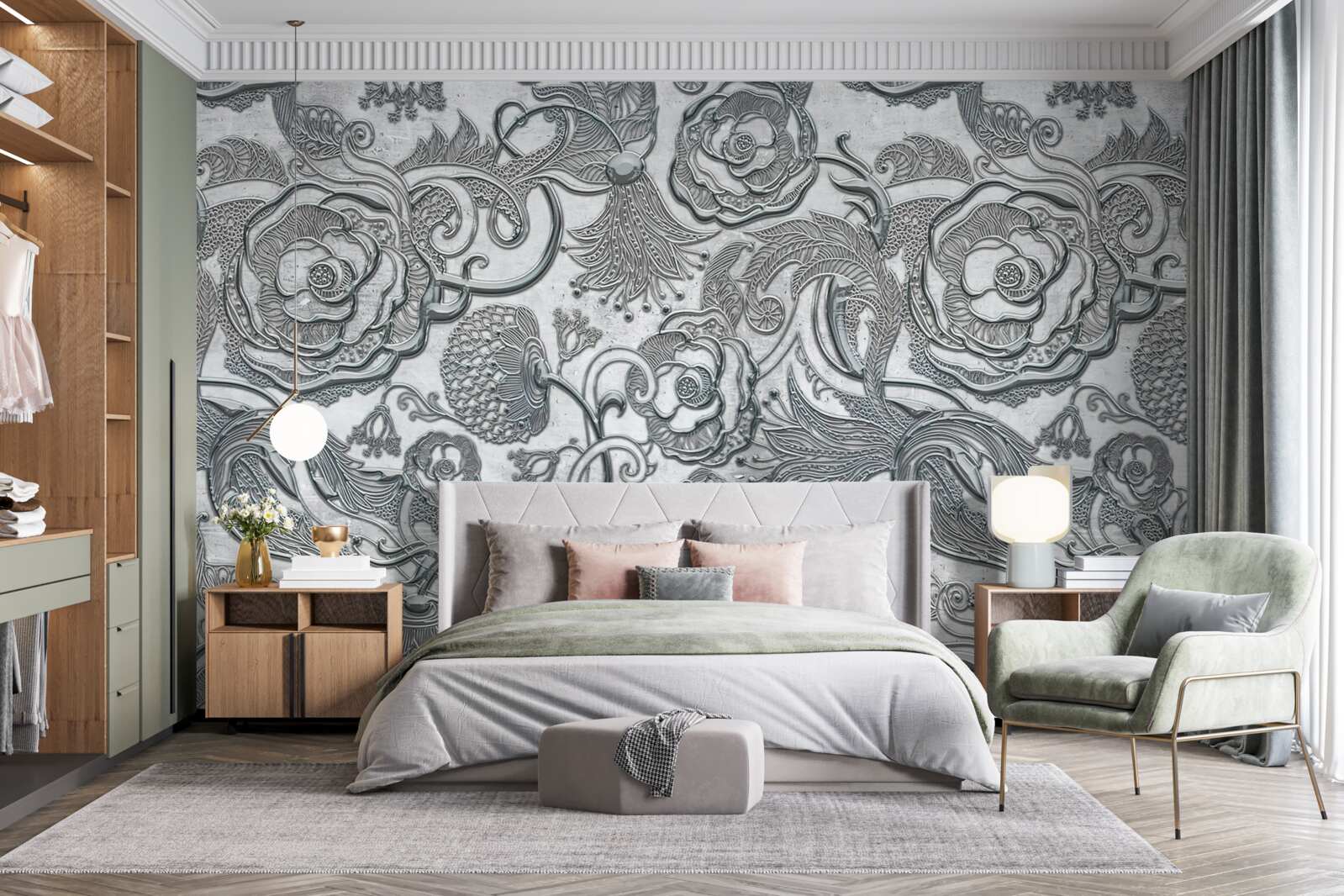 Papier peint des fleurs au contour gris argenté