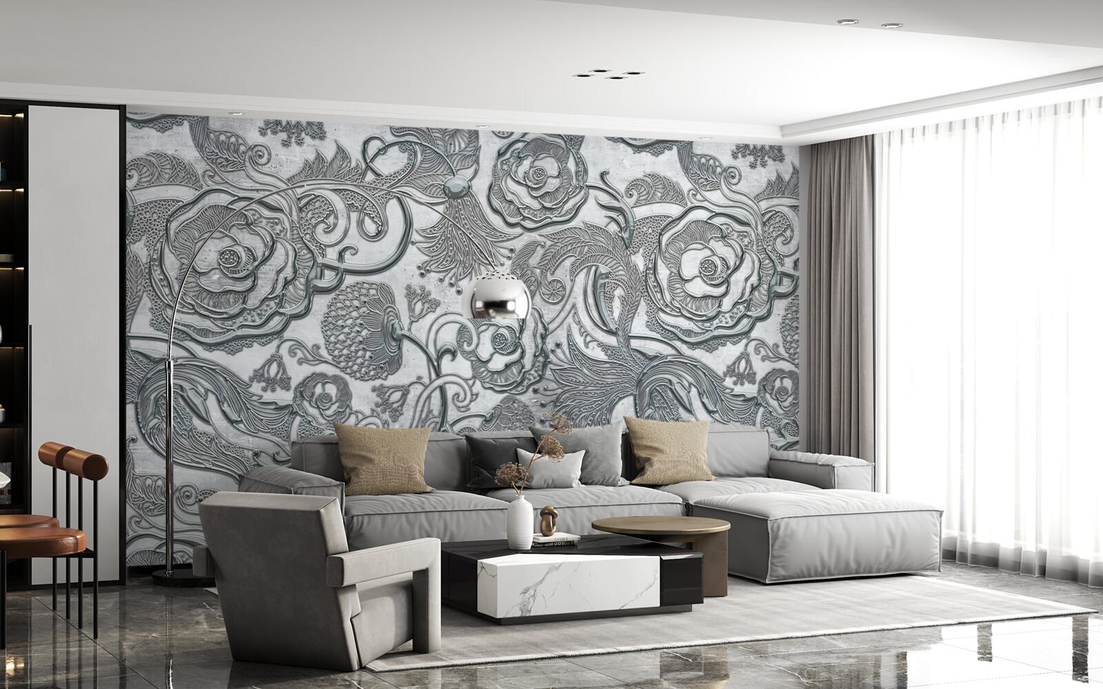 Papier peint des fleurs au contour gris argenté