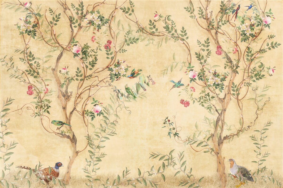 Papier peint des arbres avec des feuilles et des oiseaux