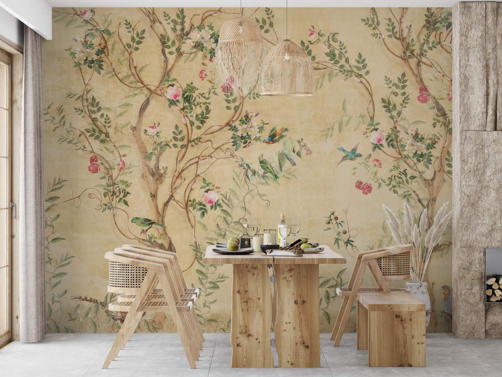 Papier peint des arbres avec des feuilles et des oiseaux