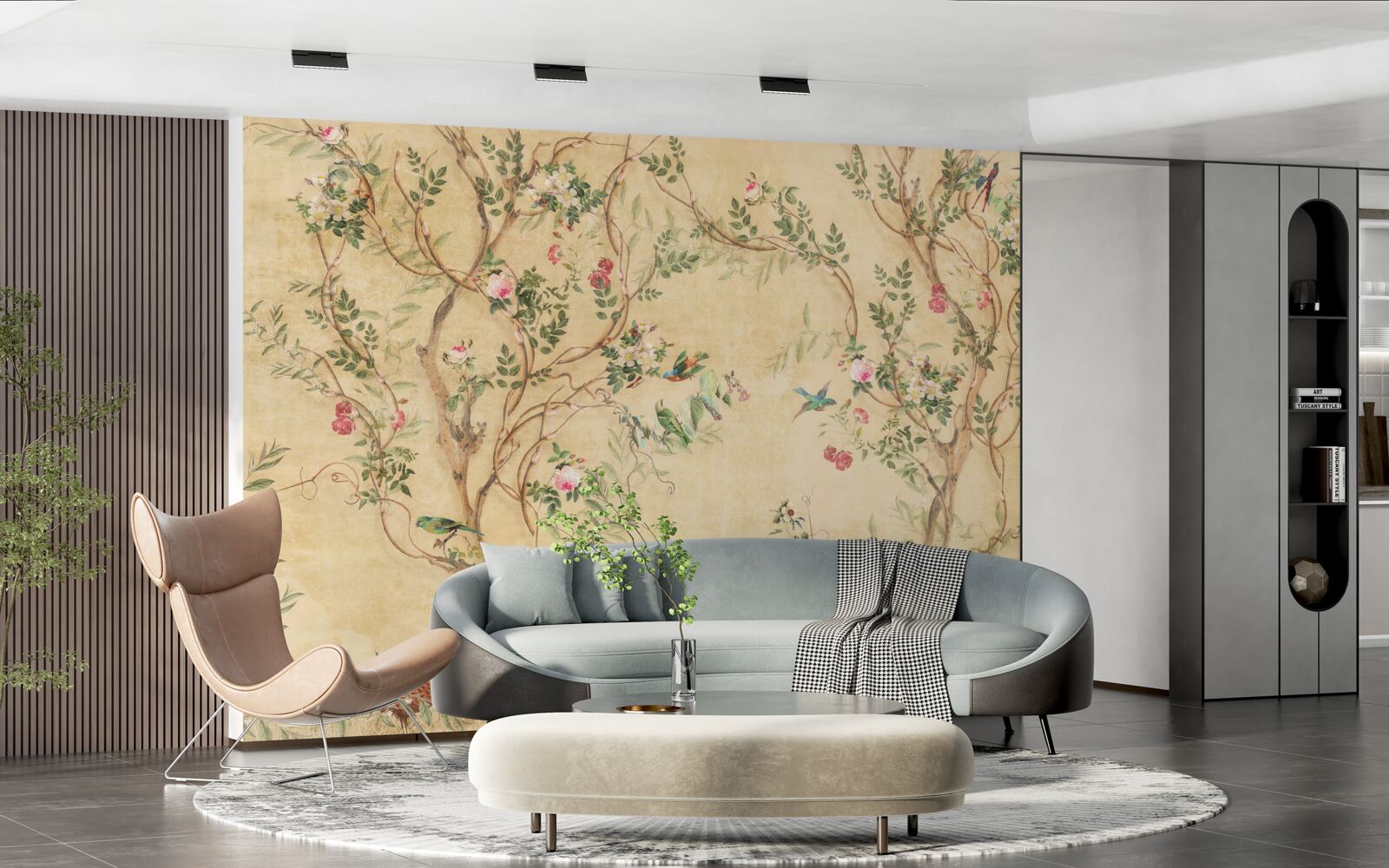 Papier peint des arbres avec des feuilles et des oiseaux