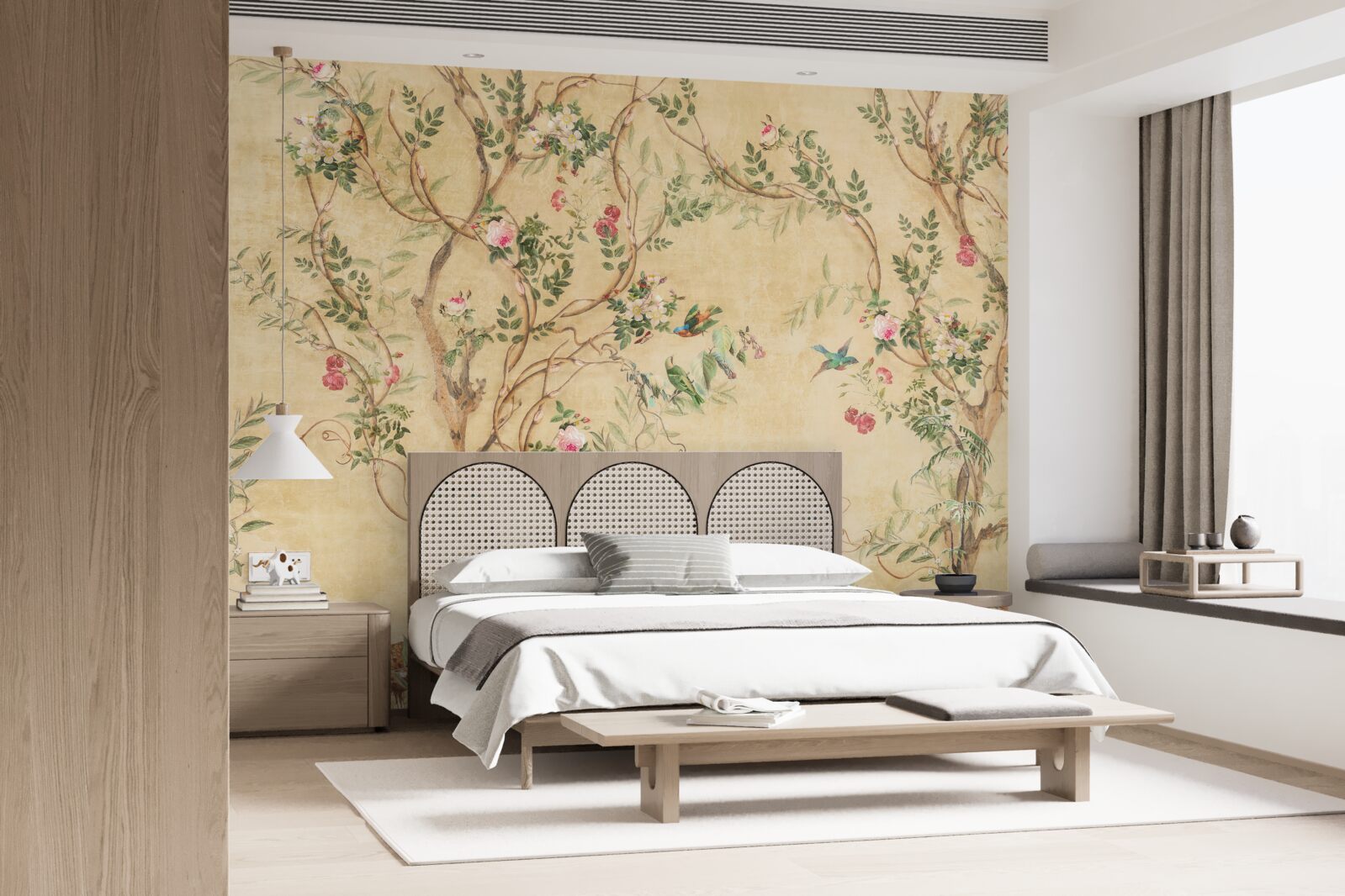Papier peint des arbres avec des feuilles et des oiseaux