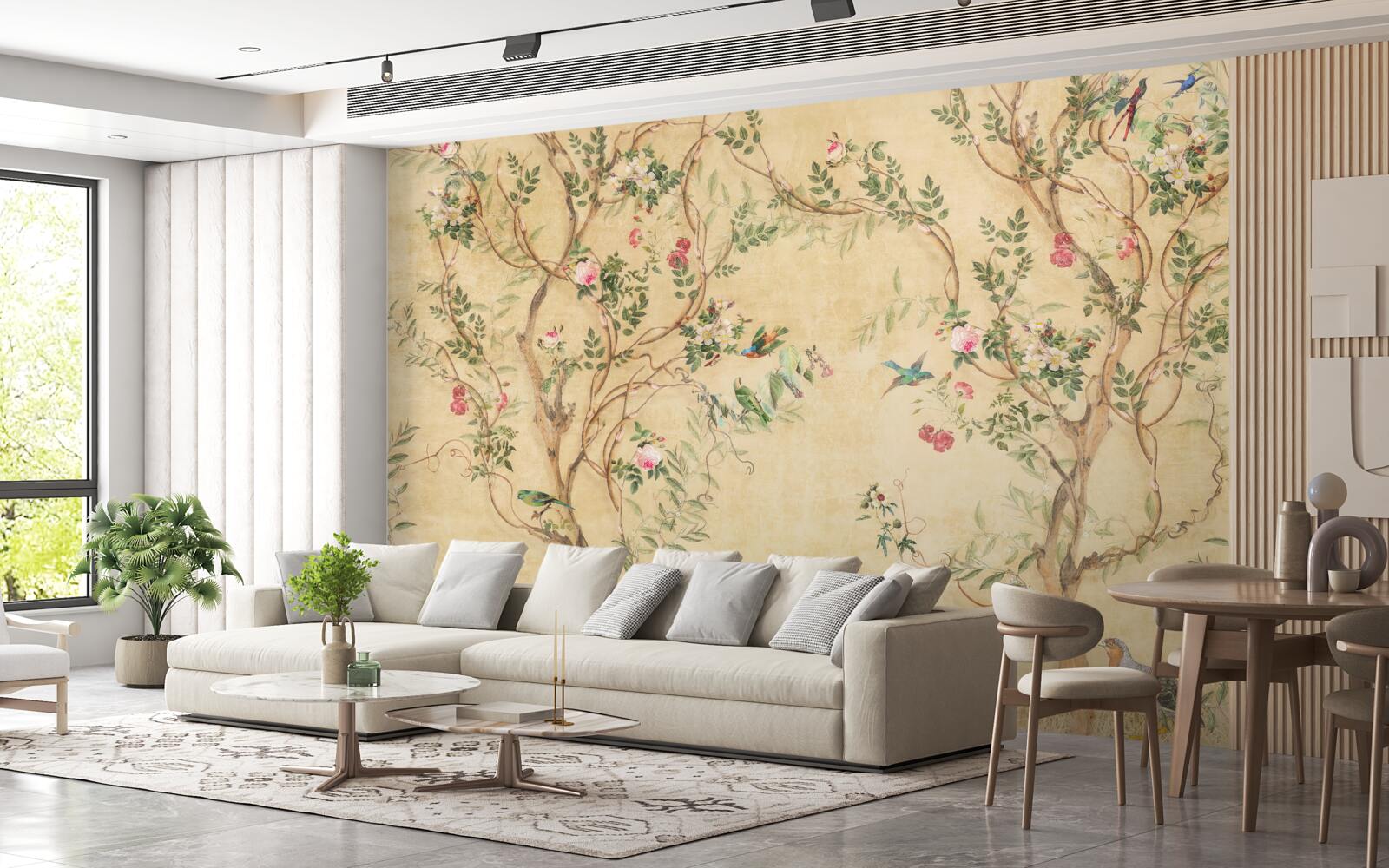 Papier peint des arbres avec des feuilles et des oiseaux