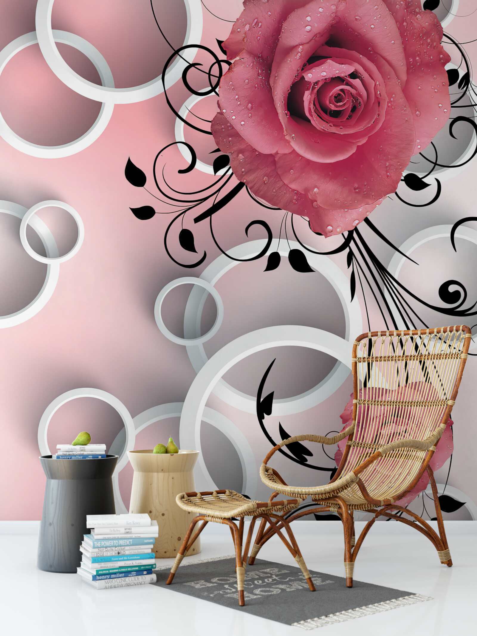 Papier peint roses roses dans des tons clairs sur un fond de la même couleur avec des cercles blancs