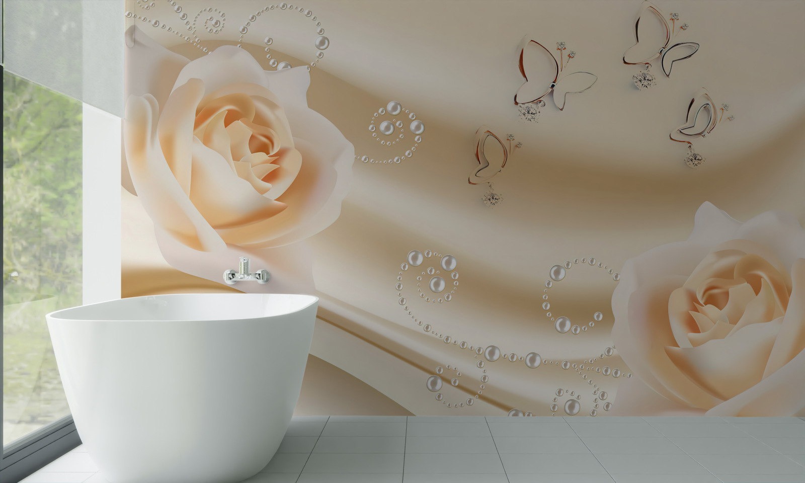 Papier peint un tissu de couleur crème et une paire de roses