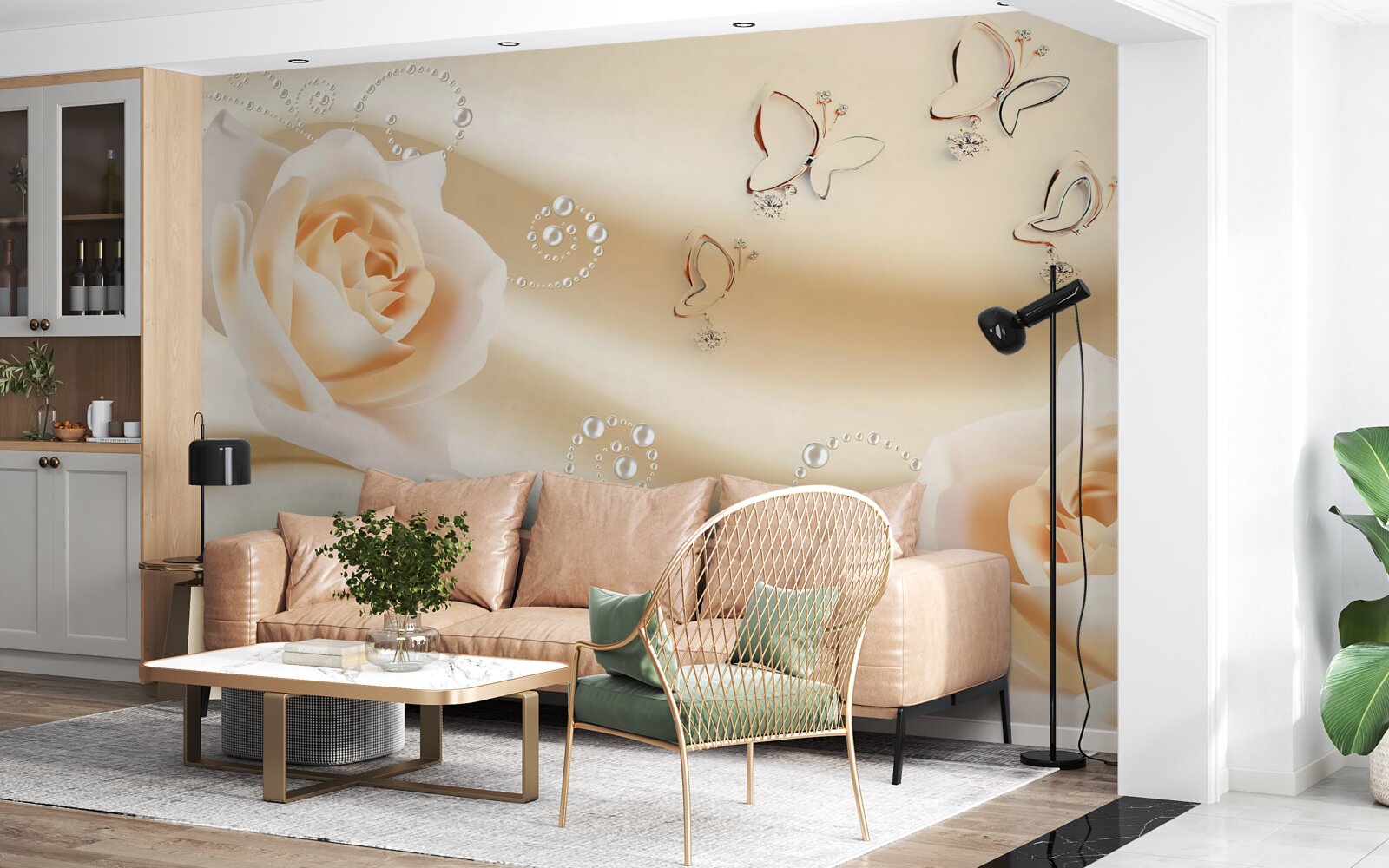 Papier peint un tissu de couleur crème et une paire de roses