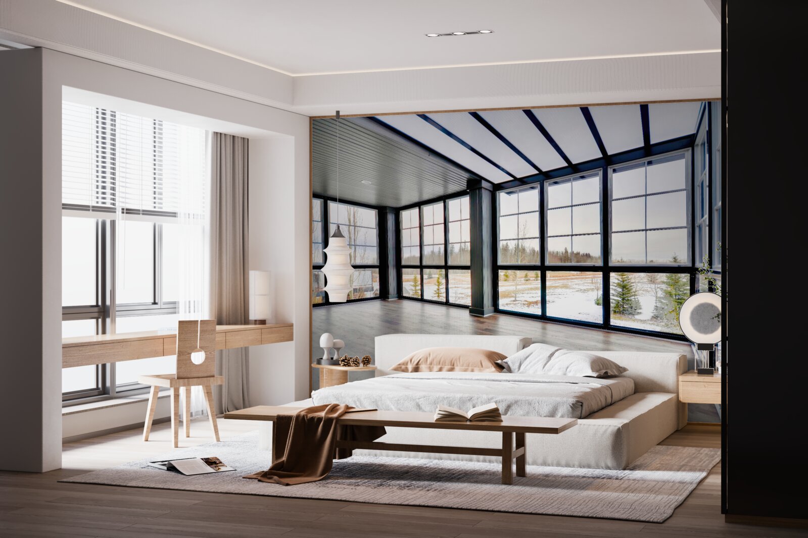 Papier peint chambre non meublée avec des fenêtres allant du sol au plafond