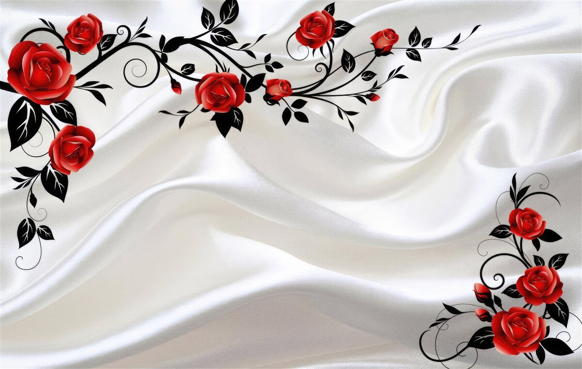 Papier peint satin blanc et roses écarlates