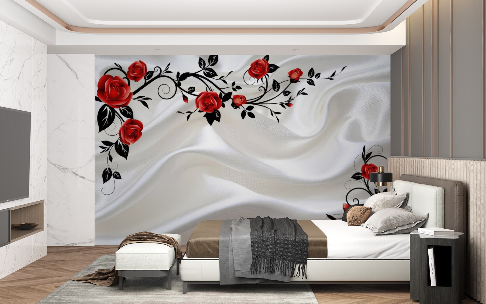 Papier peint satin blanc et roses écarlates
