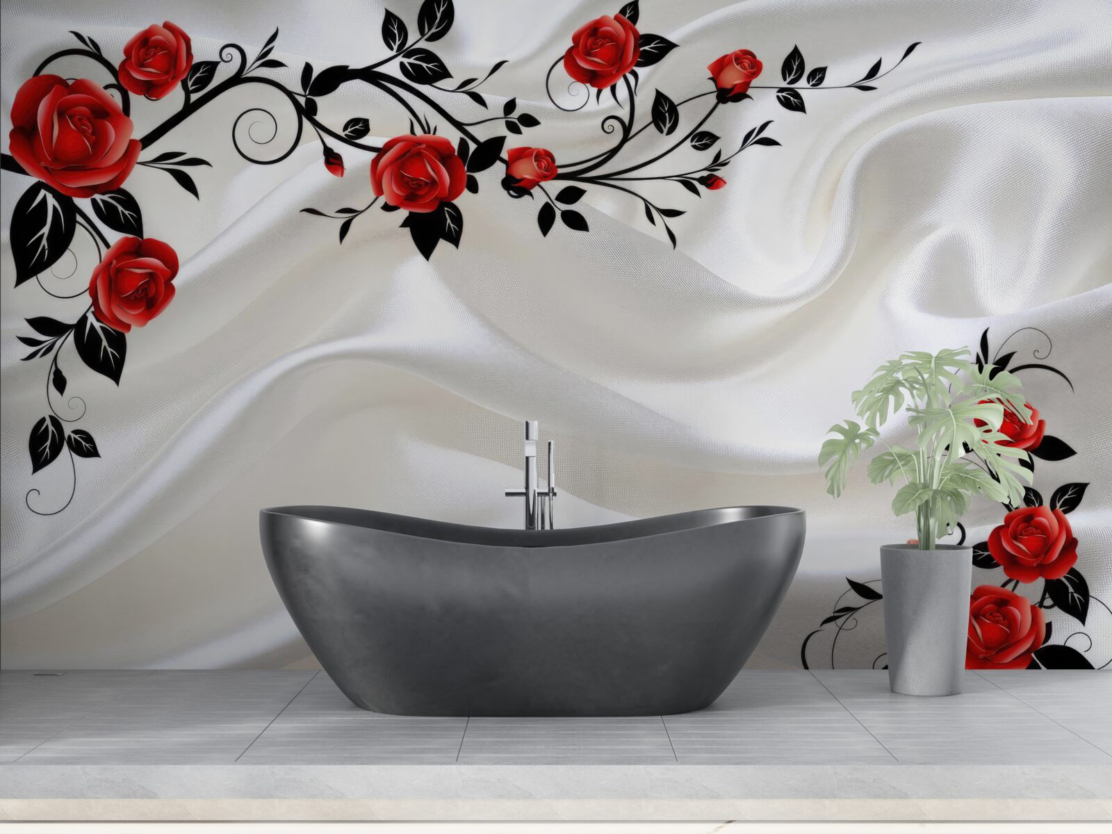 Papier peint satin blanc et roses écarlates