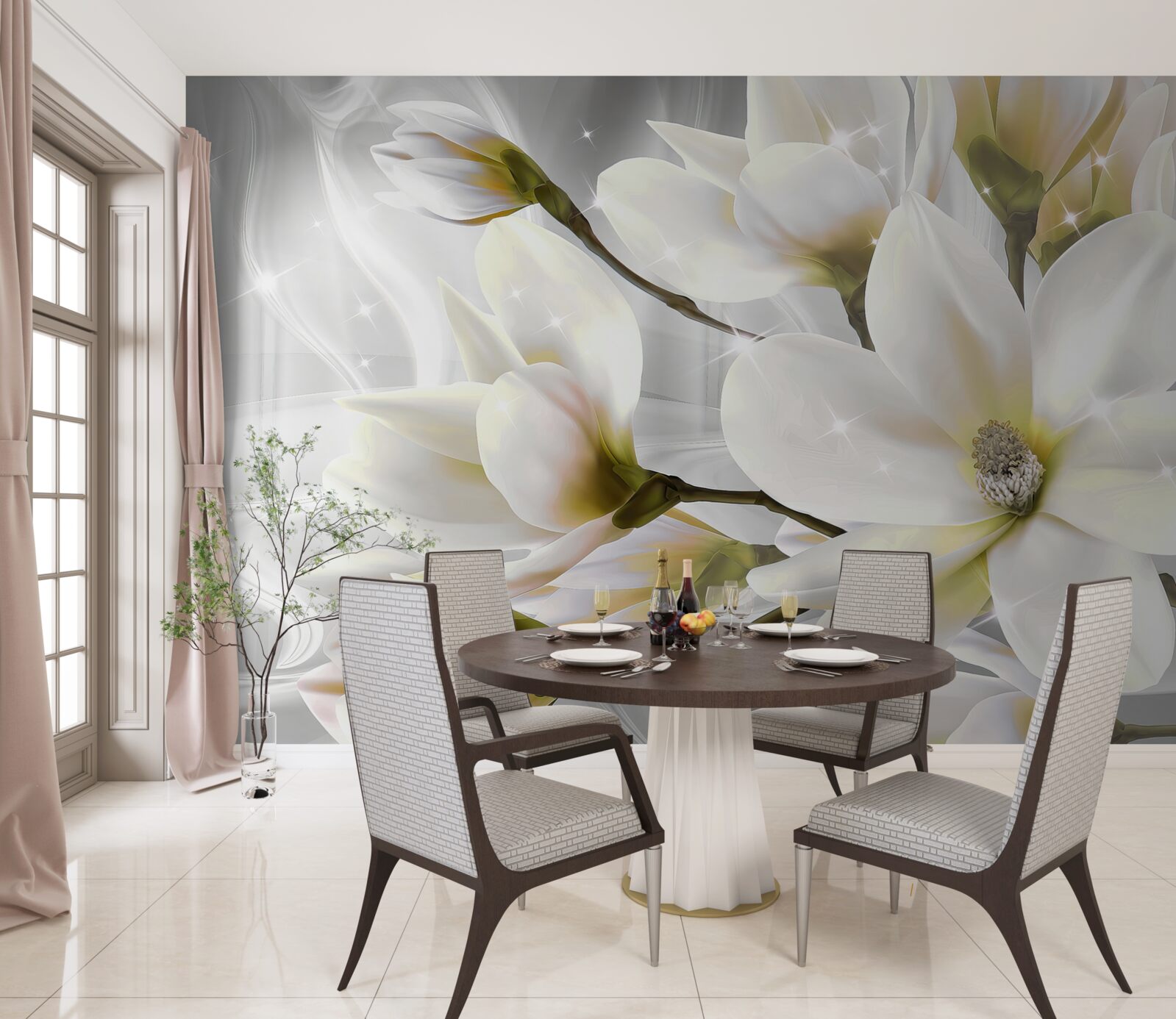 Papier peint grandes fleurs blanches comme la neige