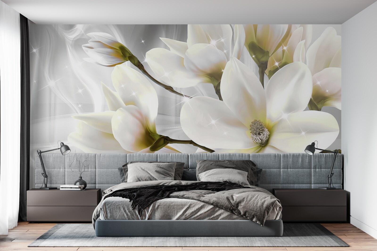 Papier peint grandes fleurs blanches comme la neige