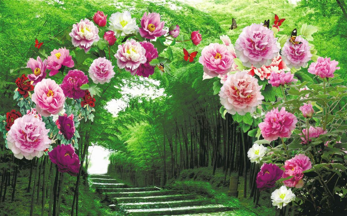 Papier peint fleurs roses à l'entrée de la forêt
