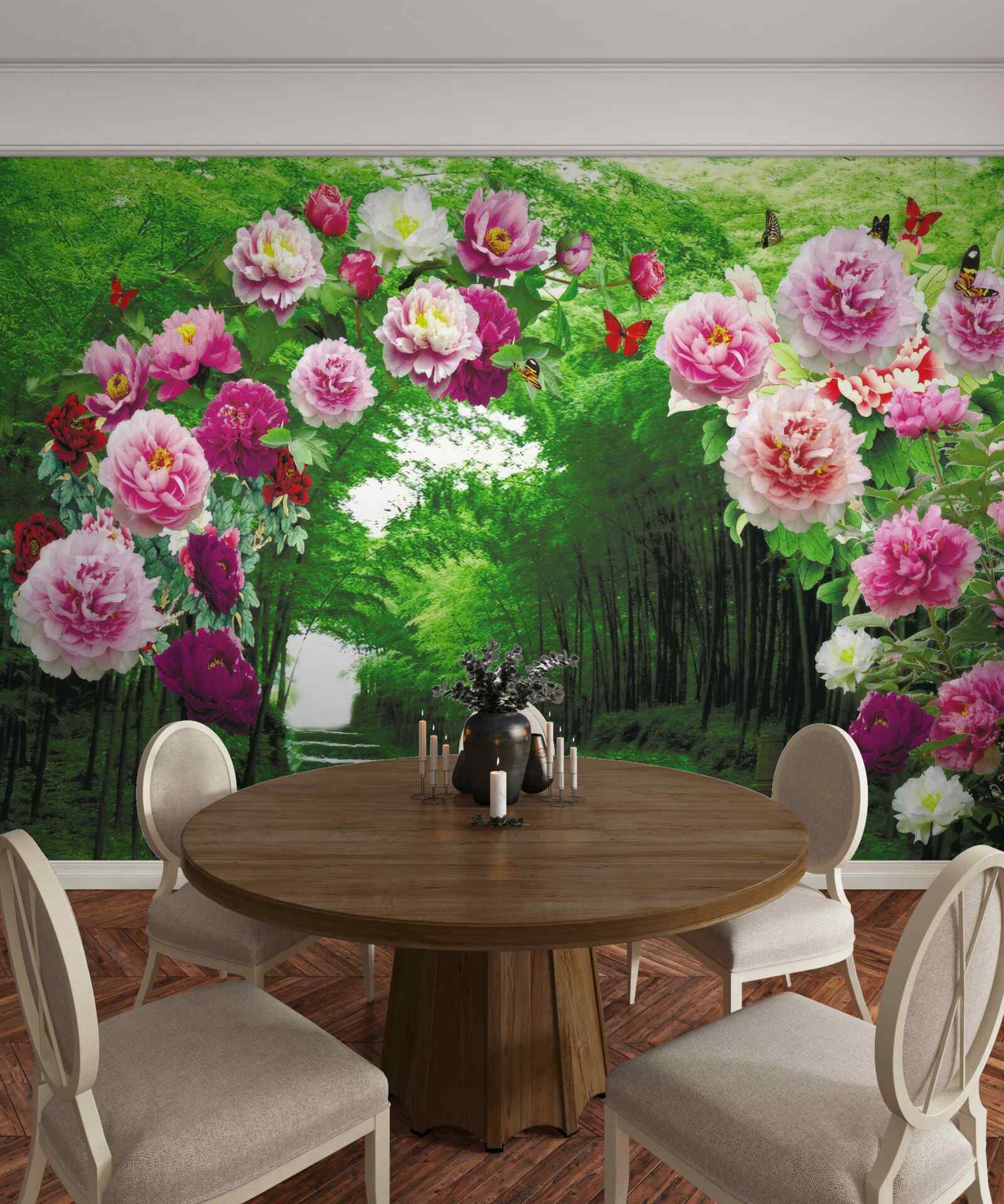 Papier peint fleurs roses à l'entrée de la forêt