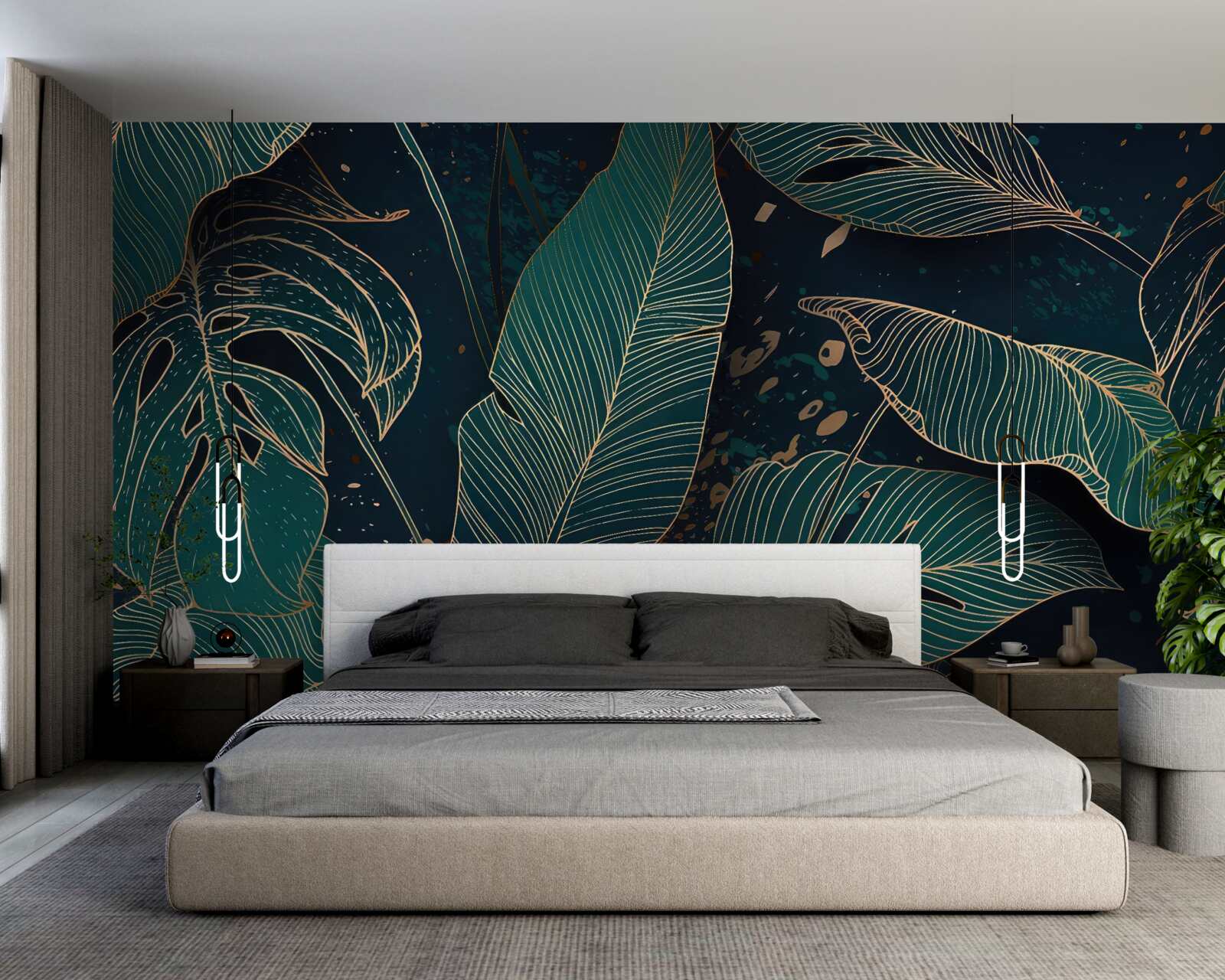 Papier peint grandes feuilles vertes