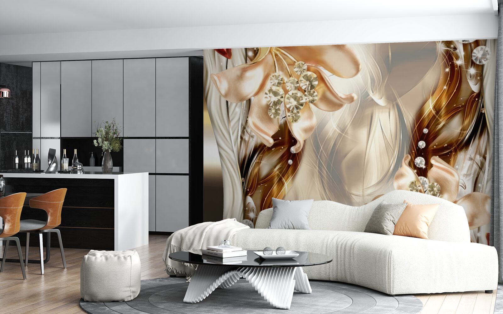 Papier peint fleurs dorées avec décorations en pierre