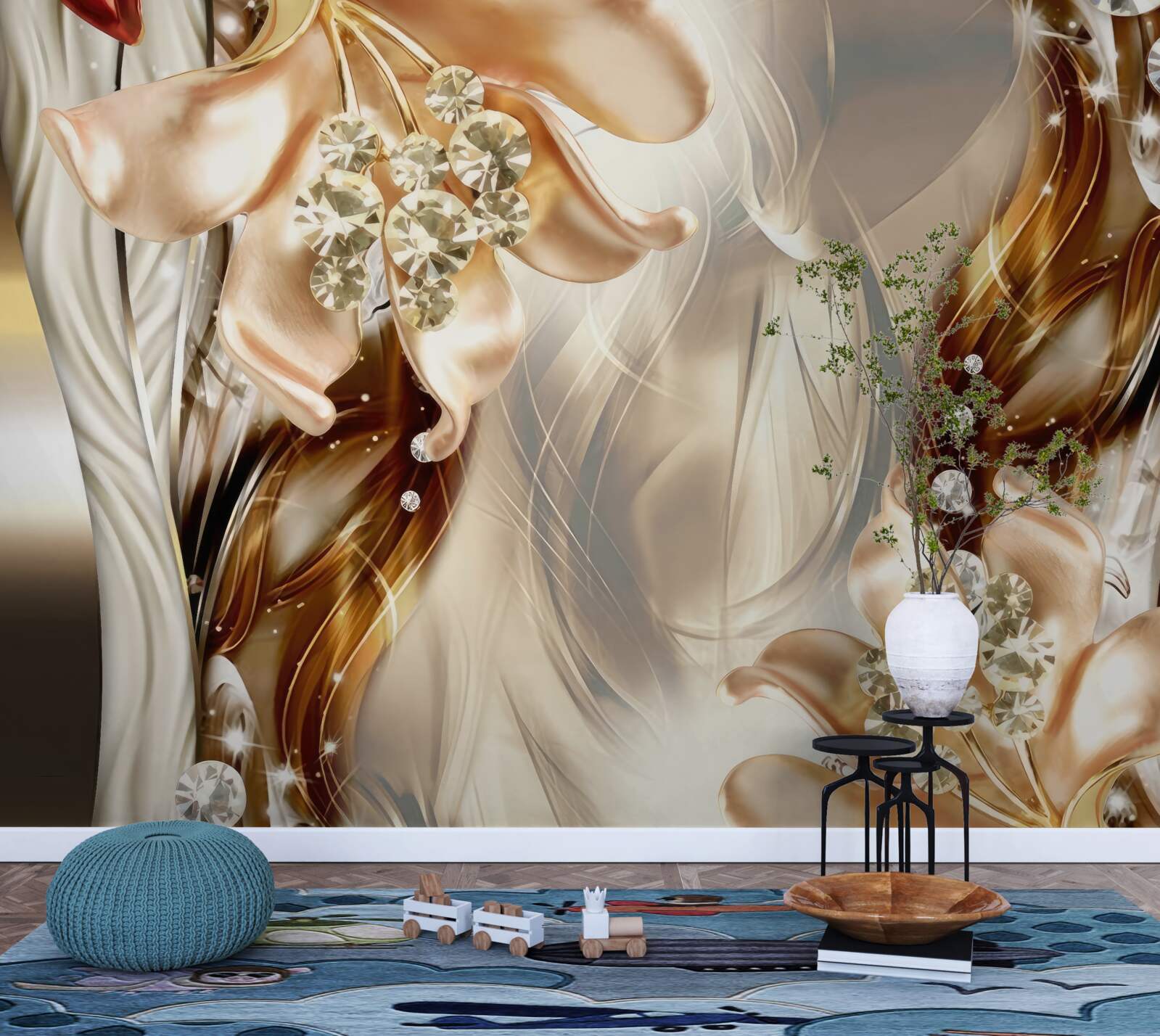 Papier peint fleurs dorées avec décorations en pierre