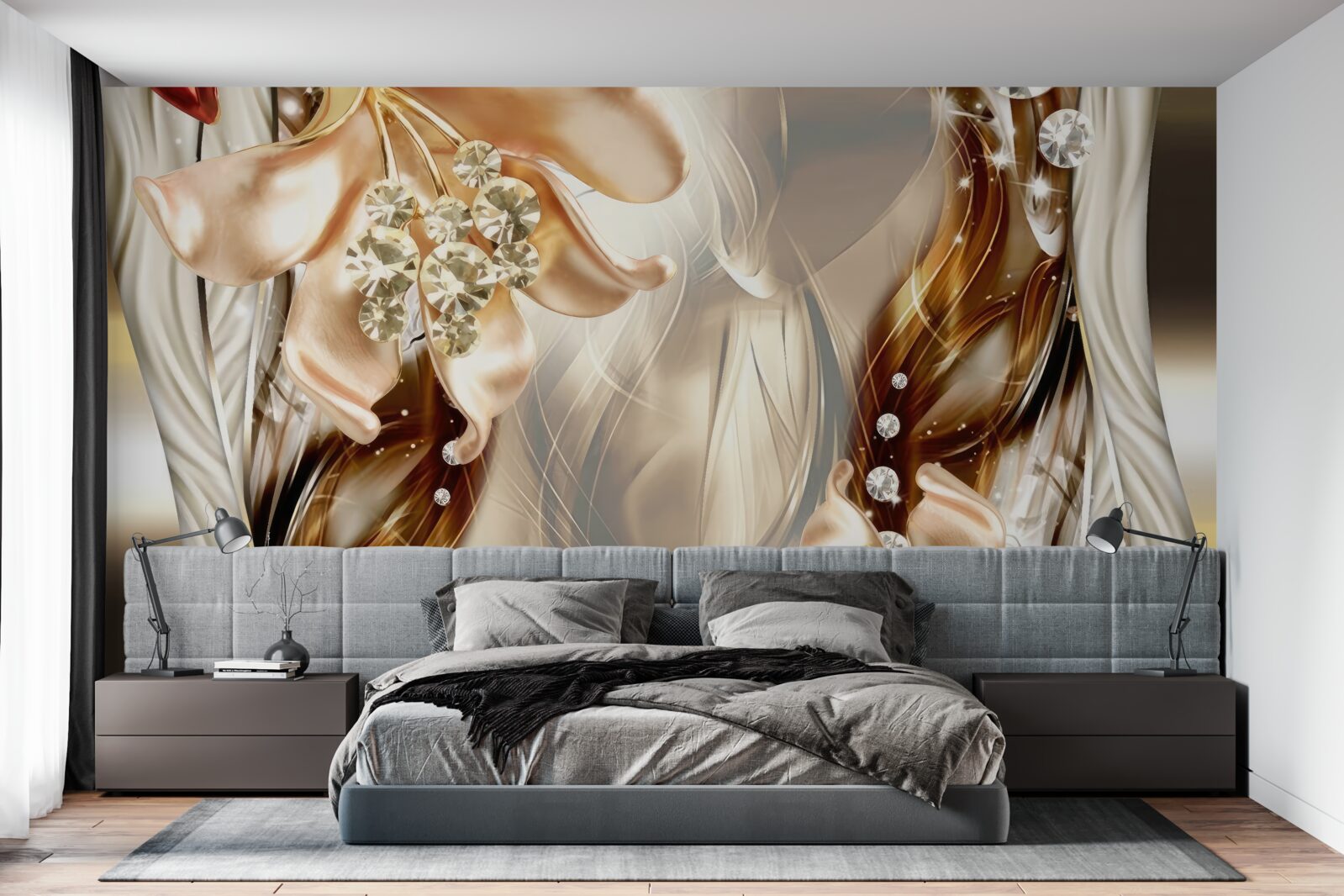 Papier peint fleurs dorées avec décorations en pierre