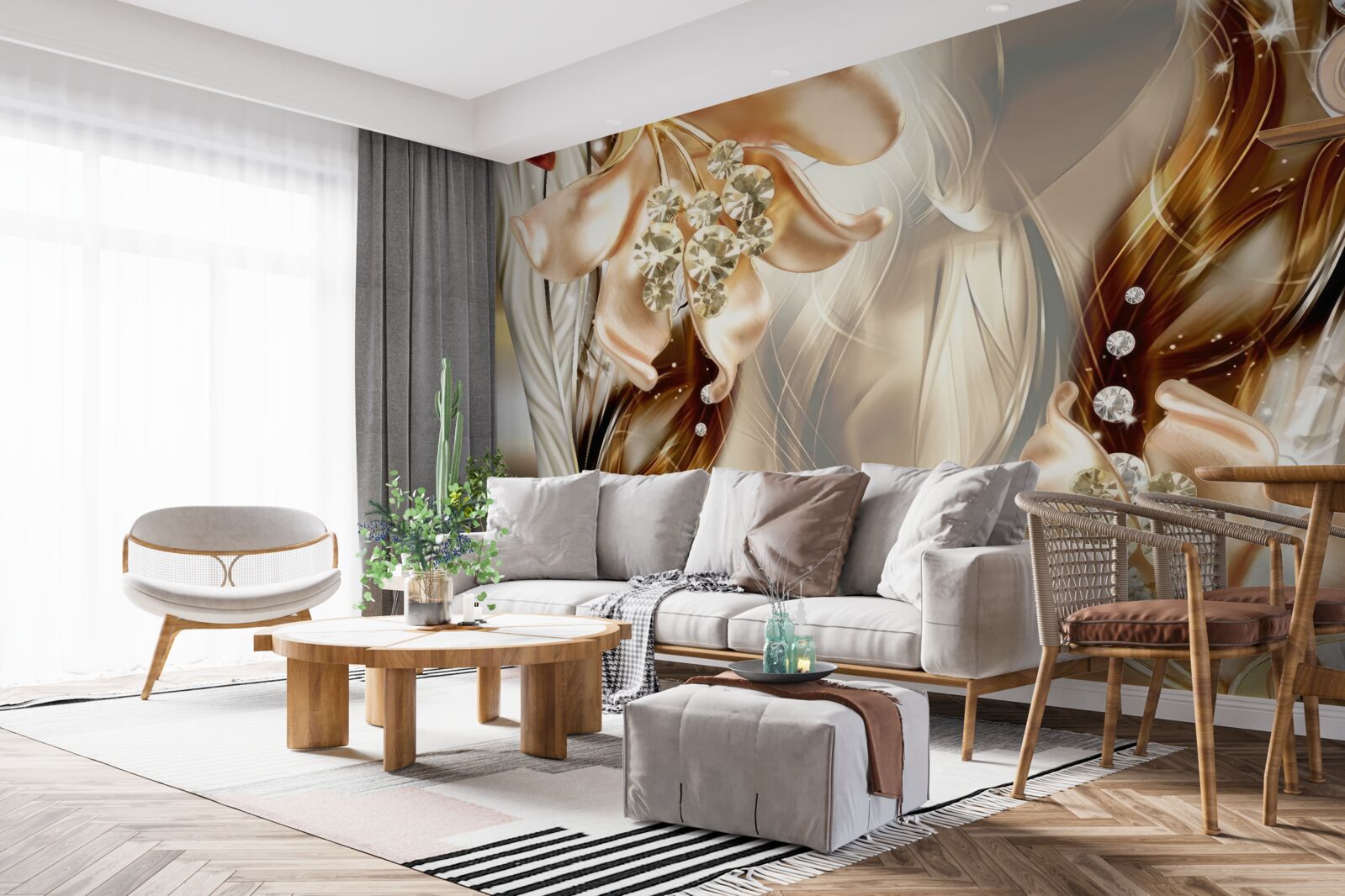 Papier peint fleurs dorées avec décorations en pierre