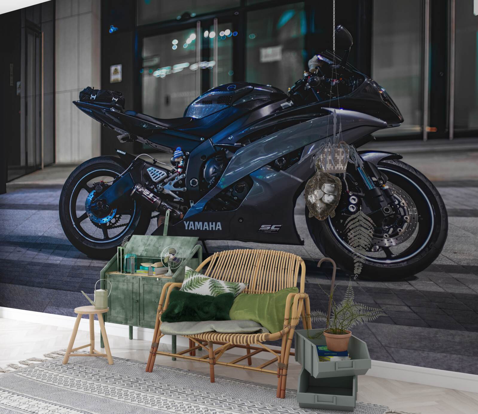 Papier peint moto bleu foncé laissée sur le parking